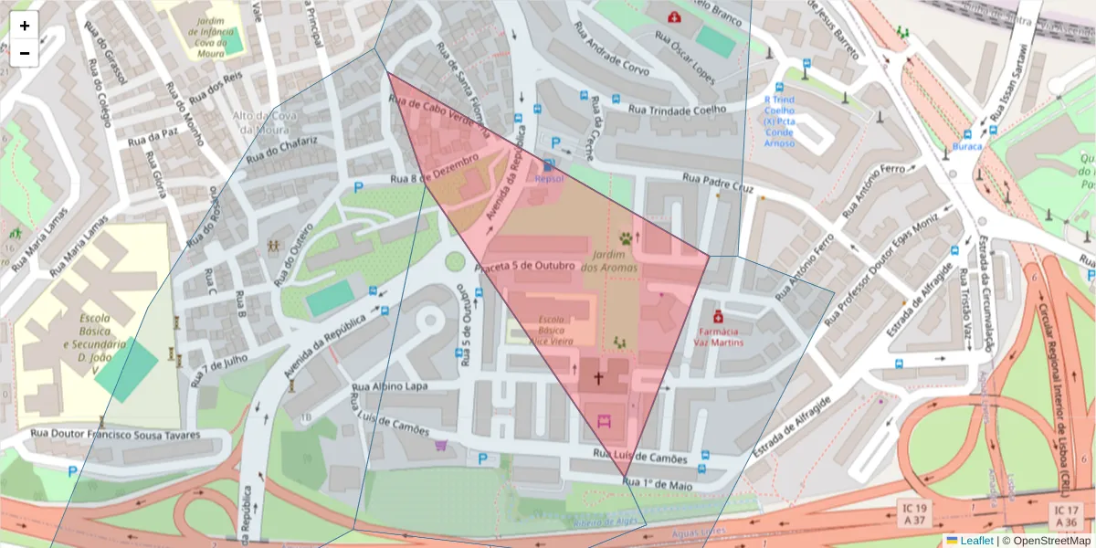 Mapa detalhado do código postal 2610-029 com limites, códigos postais vizinhos e agências dos correios