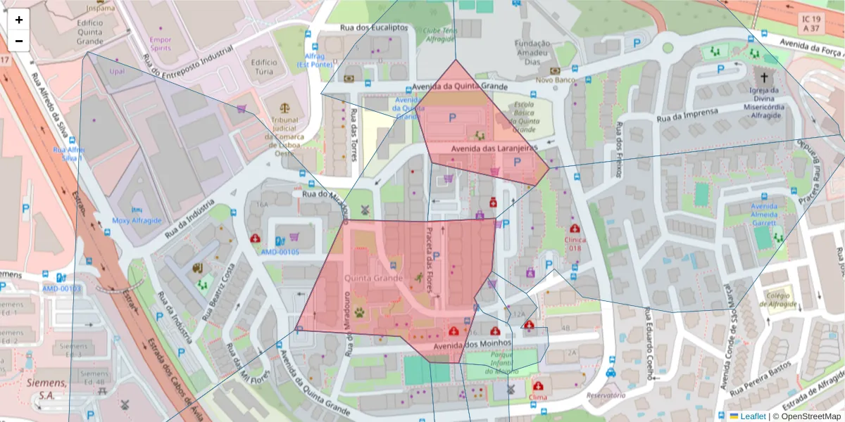 Mapa detalhado do código postal 2610-074 com limites, códigos postais vizinhos e agências dos correios