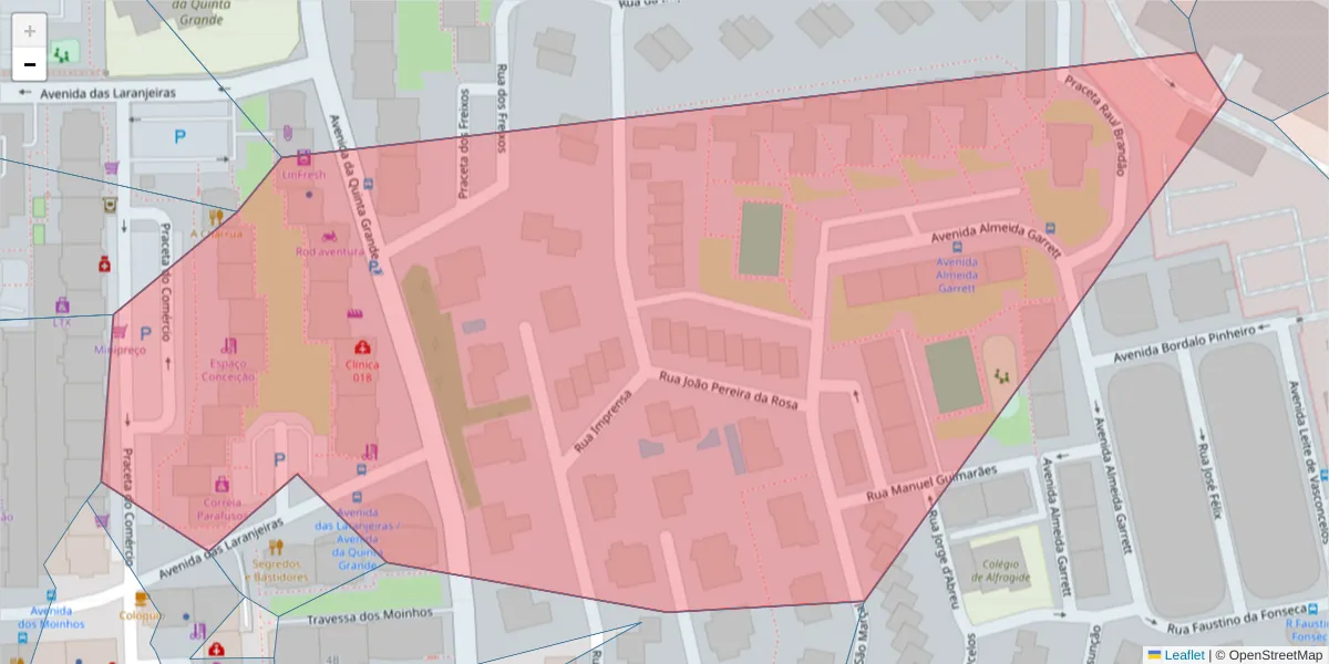 Mapa detalhado do código postal 2610-097 com limites, códigos postais vizinhos e agências dos correios