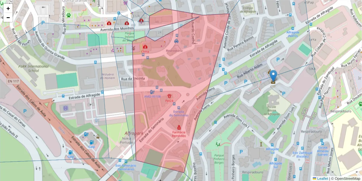 Mapa detalhado do código postal 2610-118 com limites, códigos postais vizinhos e agências dos correios