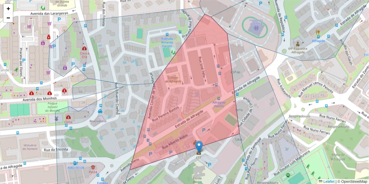 Mapa detalhado do código postal 2610-123 com limites, códigos postais vizinhos e agências dos correios
