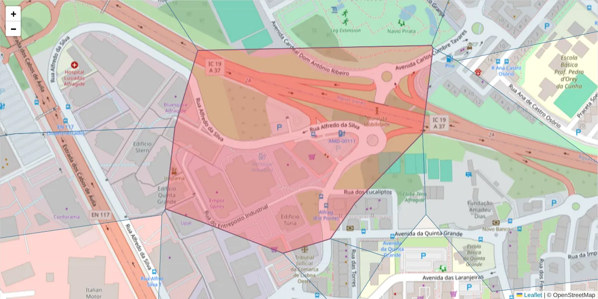 Mapa detalhado do código postal 2610-141 com limites, códigos postais vizinhos e agências dos correios