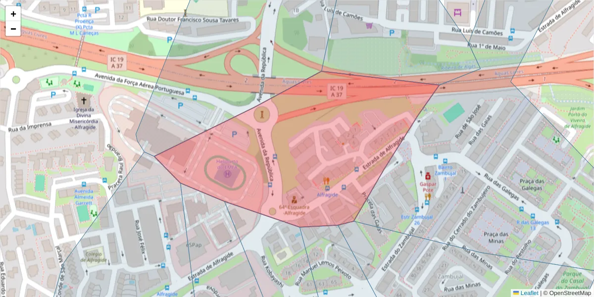 Mapa detalhado do código postal 2610-152 com limites, códigos postais vizinhos e agências dos correios