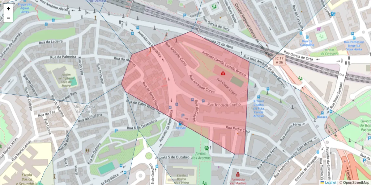 Mapa detalhado do código postal 2610-172 com limites, códigos postais vizinhos e agências dos correios
