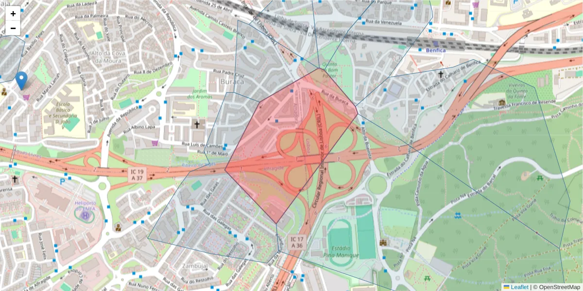 Mapa detalhado do código postal 2610-180 com limites, códigos postais vizinhos e agências dos correios