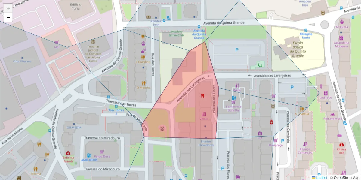 Mapa detalhado do código postal 2610-198 com limites, códigos postais vizinhos e agências dos correios