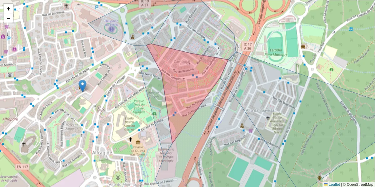 Mapa detalhado do código postal 2610-267 com limites, códigos postais vizinhos e agências dos correios