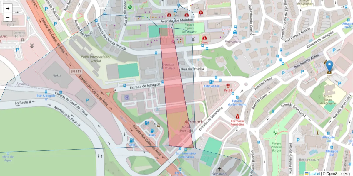 Mapa detalhado do código postal 2610-345 com limites, códigos postais vizinhos e agências dos correios