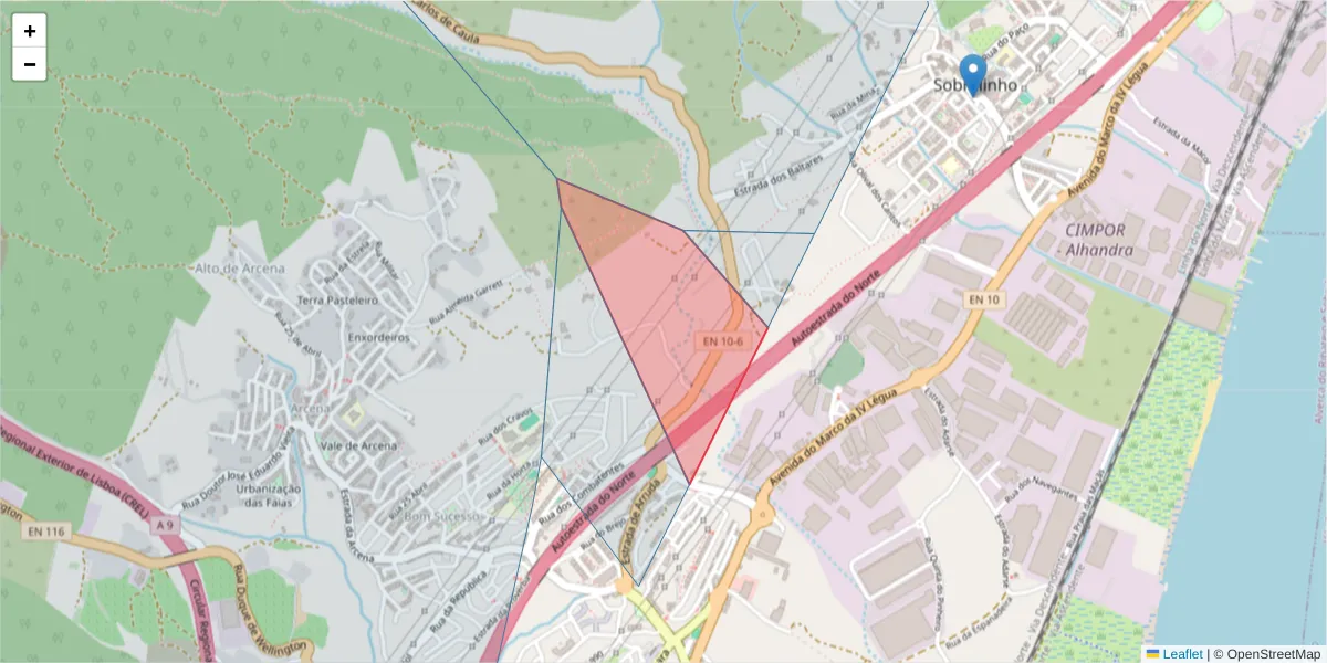 Mapa detalhado do código postal 2615-000 com limites, códigos postais vizinhos e agências dos correios