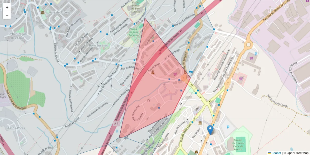 Mapa detalhado do código postal 2615-009 com limites, códigos postais vizinhos e agências dos correios