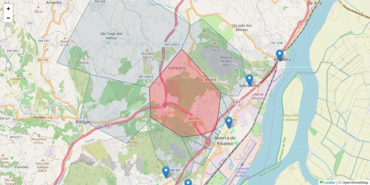 Mapa detalhado do código postal 2615-297 com limites, códigos postais vizinhos e agências dos correios