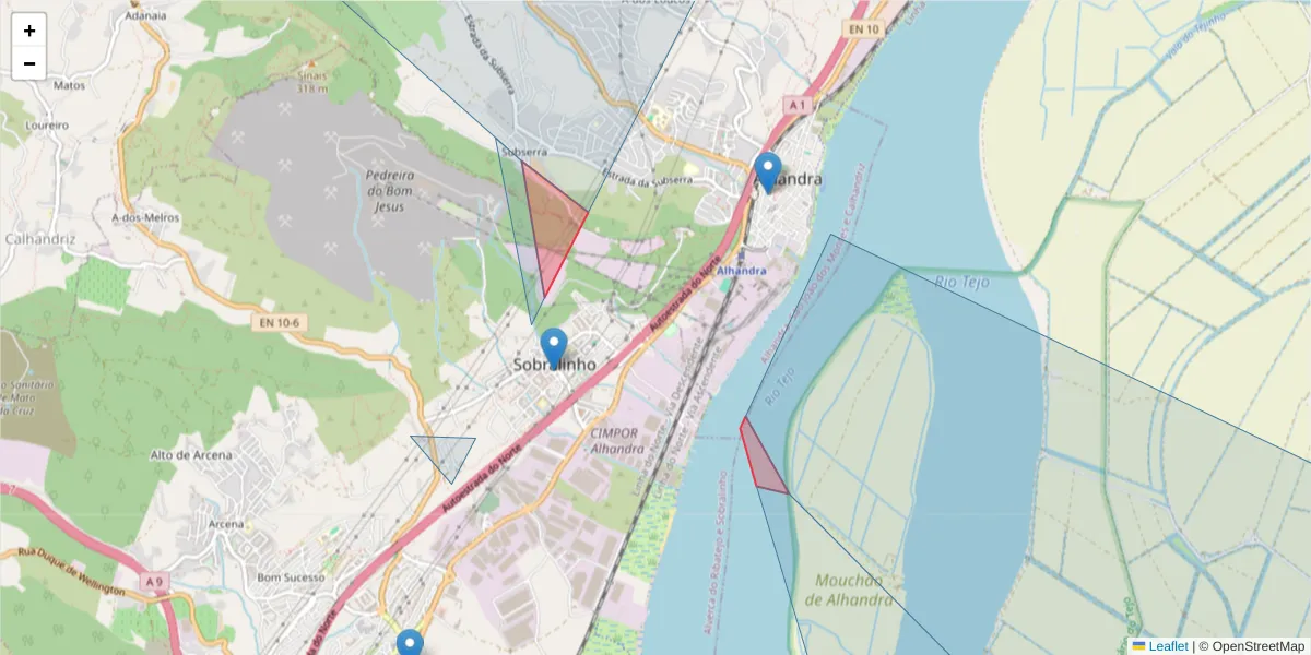 Mapa detalhado do código postal 2615-680 com limites, códigos postais vizinhos e agências dos correios
