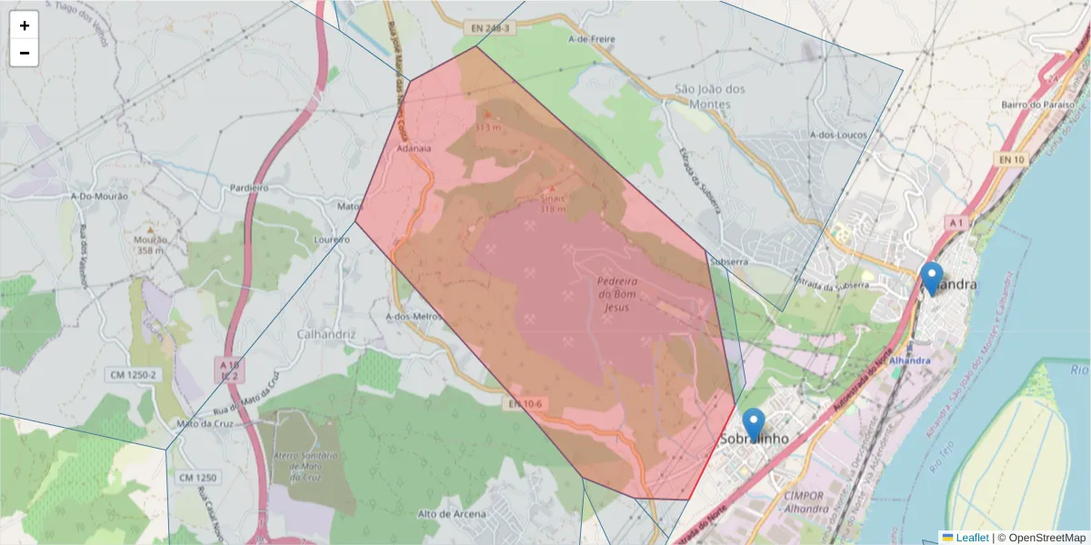 Mapa detalhado do código postal 2615-751 com limites, códigos postais vizinhos e agências dos correios