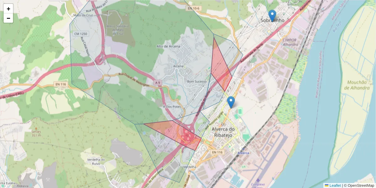 Mapa detalhado do código postal 2615 com limites, códigos postais vizinhos e agências dos correios