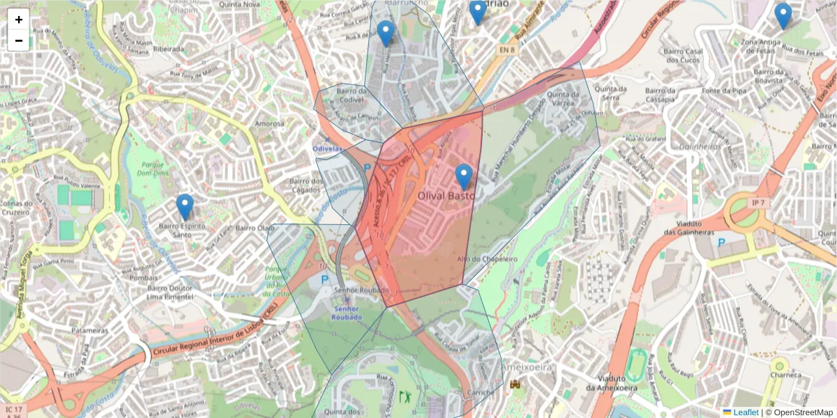 Mapa detalhado do código postal 2620-036 com limites, códigos postais vizinhos e agências dos correios