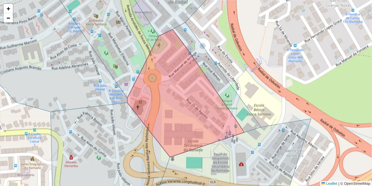 Mapa detalhado do código postal 2620-319 com limites, códigos postais vizinhos e agências dos correios