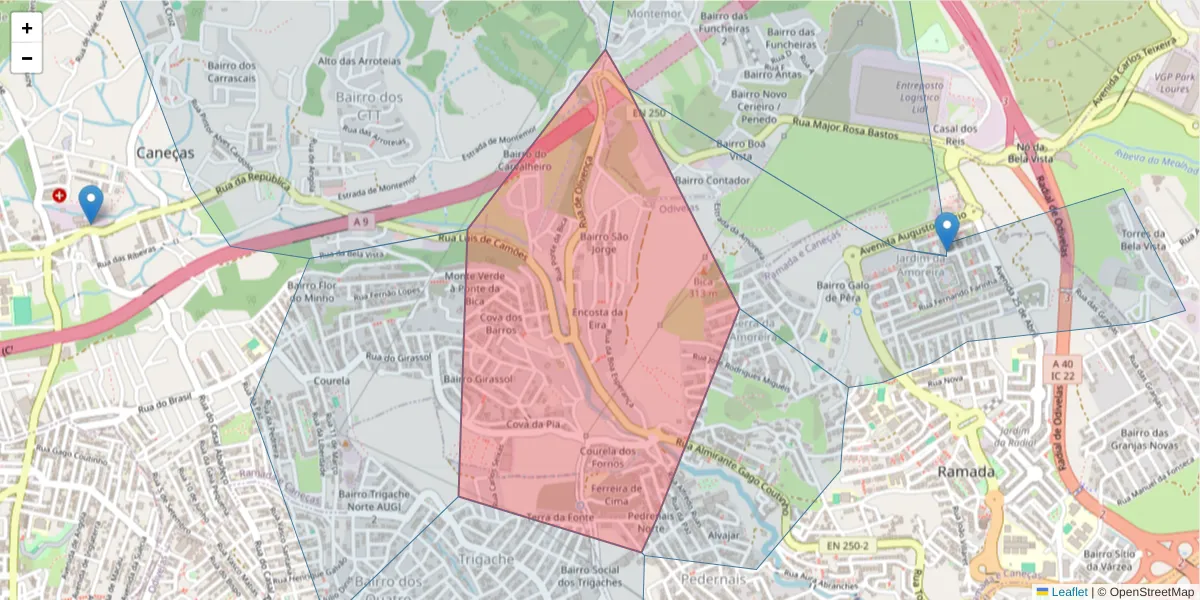 Mapa detalhado do código postal 2620-370 com limites, códigos postais vizinhos e agências dos correios