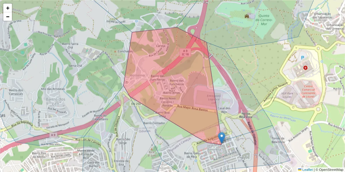 Mapa detalhado do código postal 2620-528 com limites, códigos postais vizinhos e agências dos correios