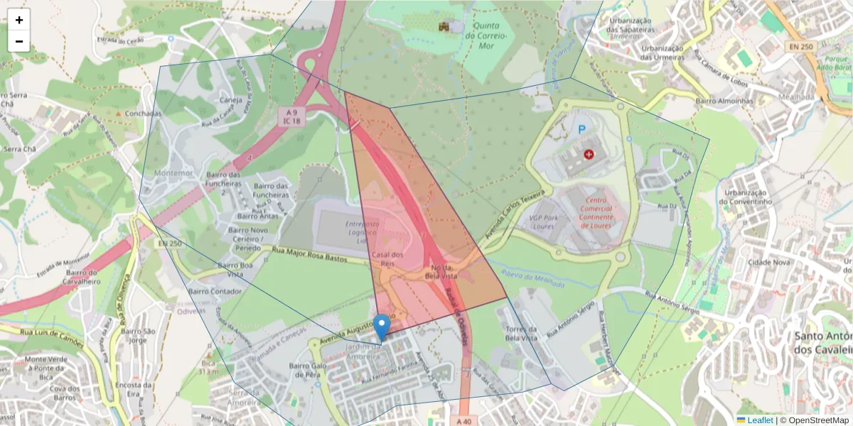 Mapa detalhado do código postal 2620-530 com limites, códigos postais vizinhos e agências dos correios