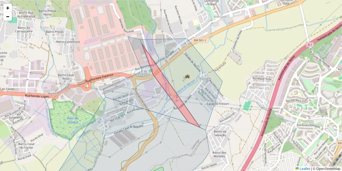 Mapa detalhado do código postal 2625-067 com limites, códigos postais vizinhos e agências dos correios