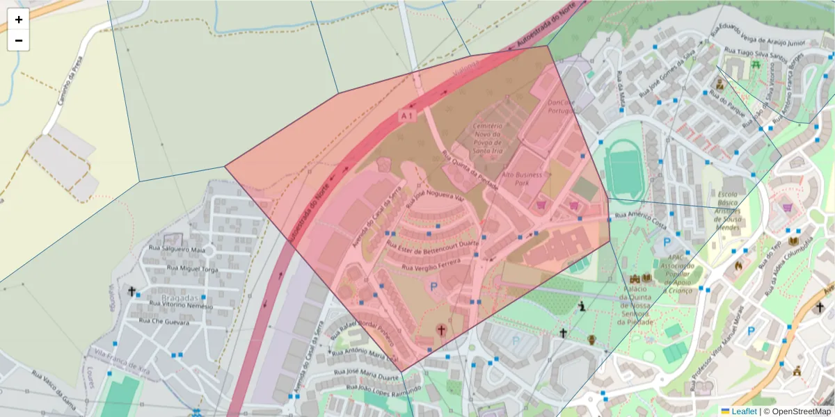 Mapa detalhado do código postal 2625-085 com limites, códigos postais vizinhos e agências dos correios