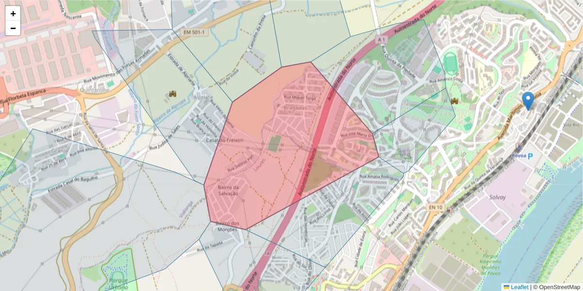 Mapa detalhado do código postal 2625-147 com limites, códigos postais vizinhos e agências dos correios