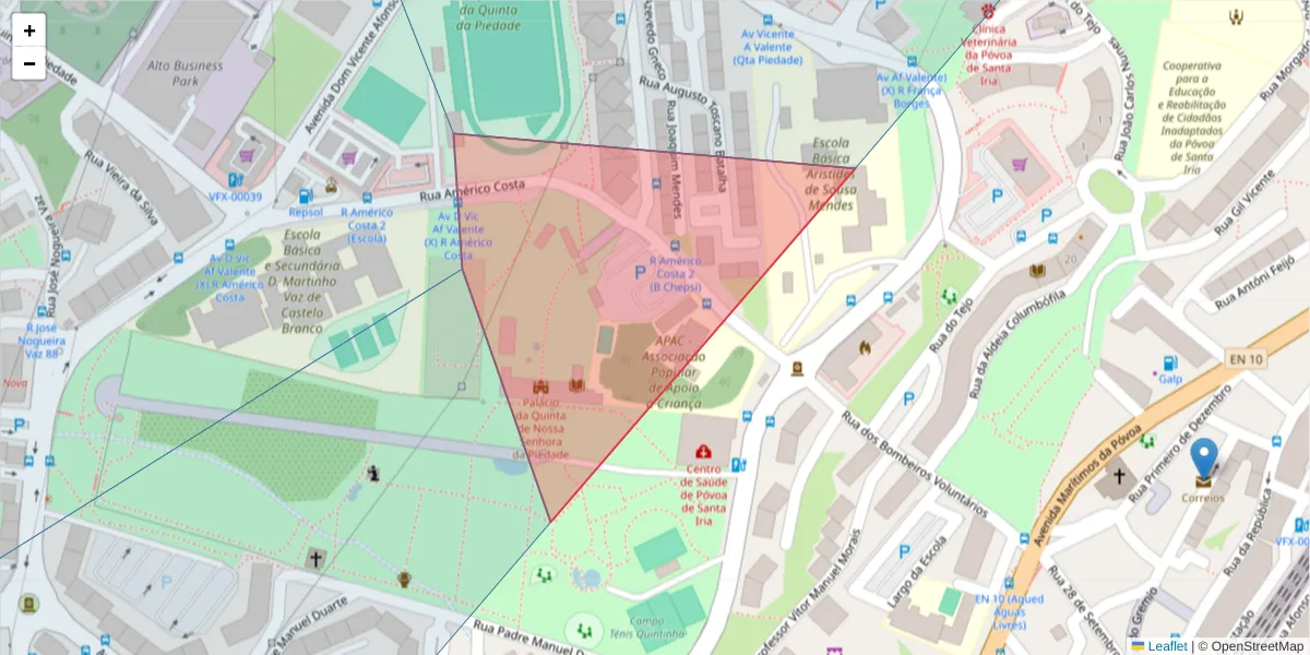 Mapa detalhado do código postal 2625-204 com limites, códigos postais vizinhos e agências dos correios