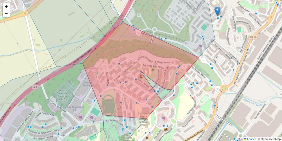 Mapa detalhado do código postal 2625-209 com limites, códigos postais vizinhos e agências dos correios