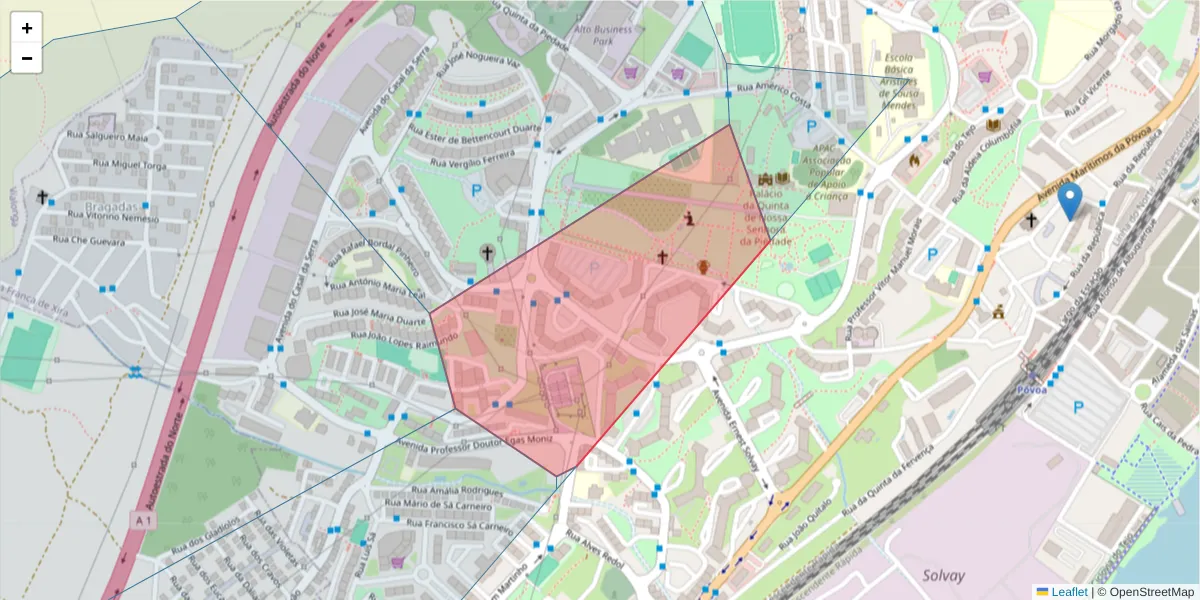 Mapa detalhado do código postal 2625-214 com limites, códigos postais vizinhos e agências dos correios
