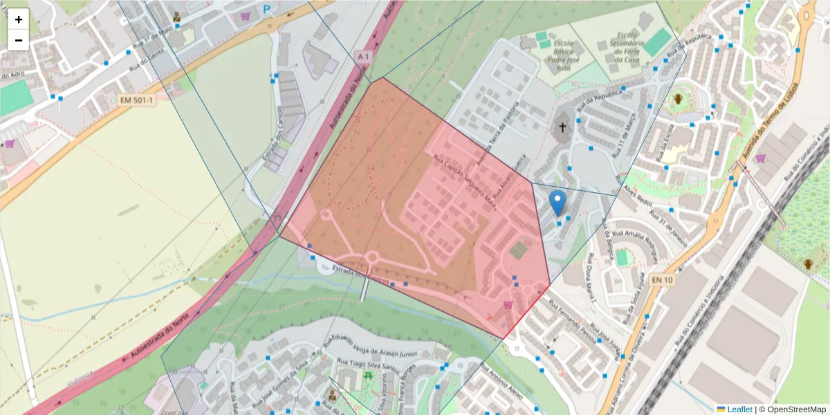 Mapa detalhado do código postal 2625-417 com limites, códigos postais vizinhos e agências dos correios