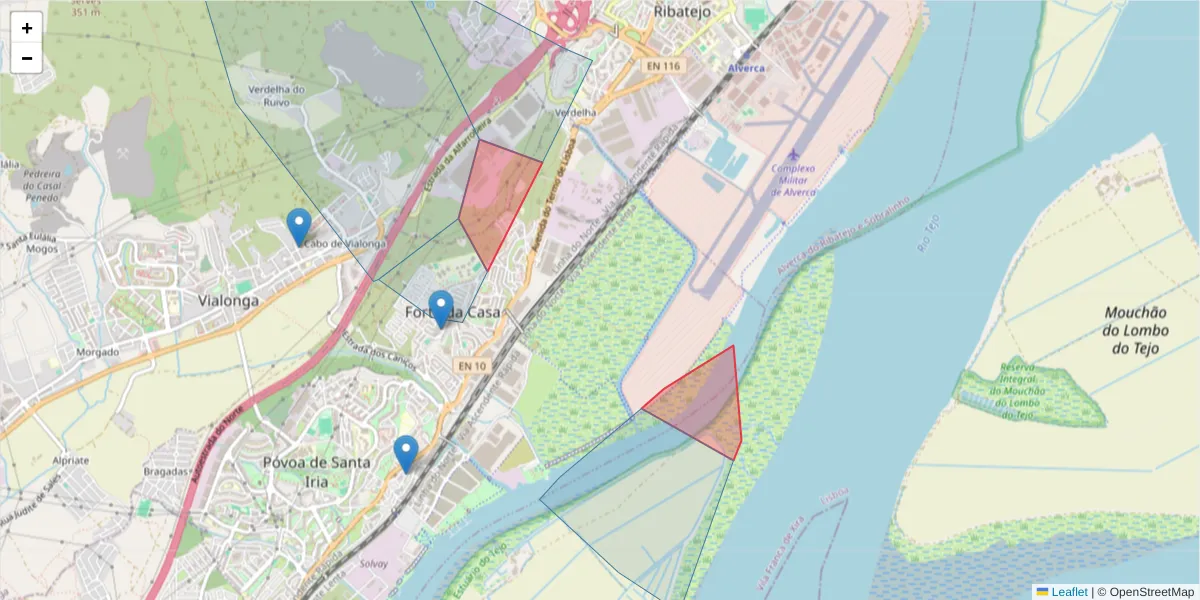 Mapa detalhado do código postal 2625-445 com limites, códigos postais vizinhos e agências dos correios