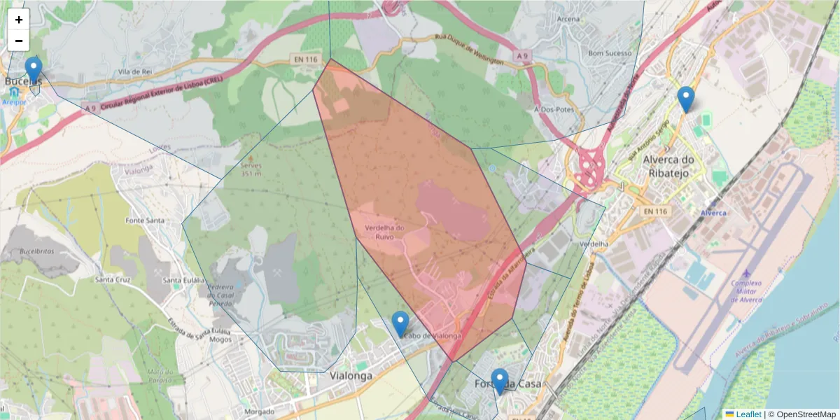 Mapa detalhado do código postal 2625-583 com limites, códigos postais vizinhos e agências dos correios