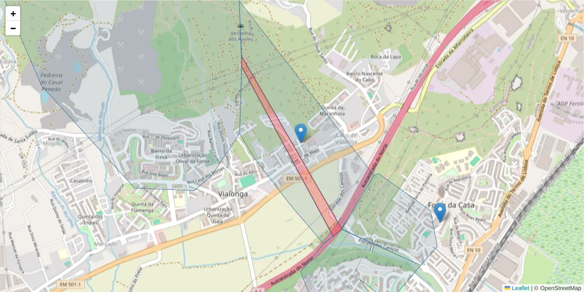 Mapa detalhado do código postal 2625-587 com limites, códigos postais vizinhos e agências dos correios