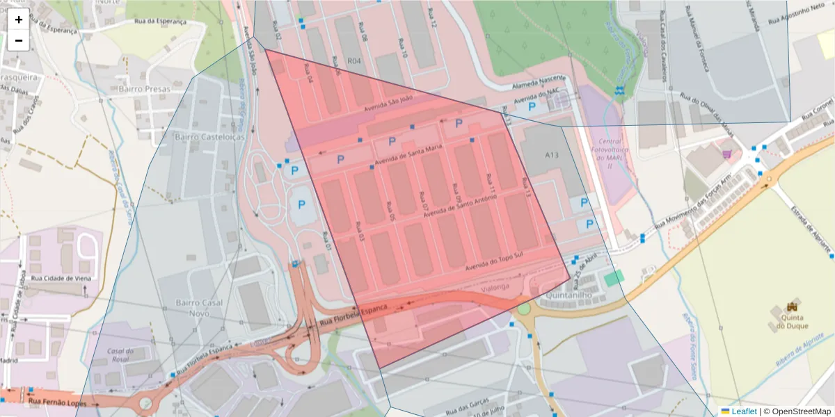Mapa detalhado do código postal 2625-701 com limites, códigos postais vizinhos e agências dos correios