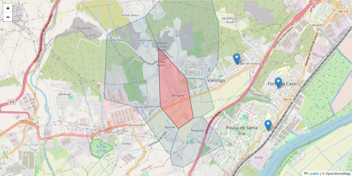 Mapa detalhado do código postal 2625-705 com limites, códigos postais vizinhos e agências dos correios