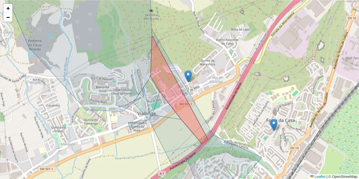 Mapa detalhado do código postal 2625 com limites, códigos postais vizinhos e agências dos correios