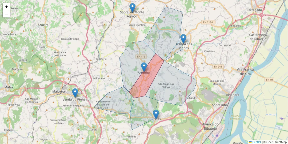 Mapa detalhado do código postal 2630-028 com limites, códigos postais vizinhos e agências dos correios