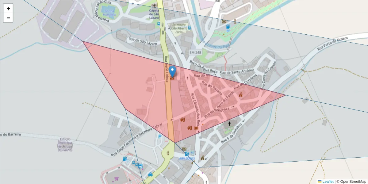 Mapa detalhado do código postal 2630-233 com limites, códigos postais vizinhos e agências dos correios