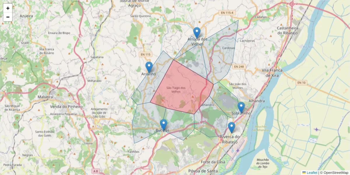Mapa detalhado do código postal 2630-528 com limites, códigos postais vizinhos e agências dos correios