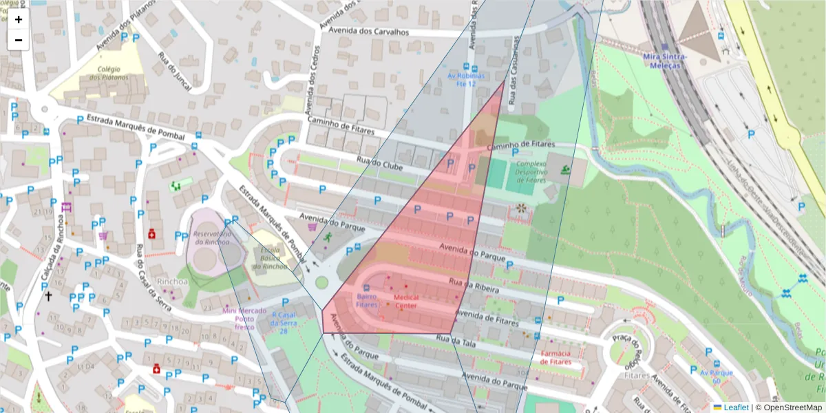 Mapa detalhado do código postal 2635-009 com limites, códigos postais vizinhos e agências dos correios