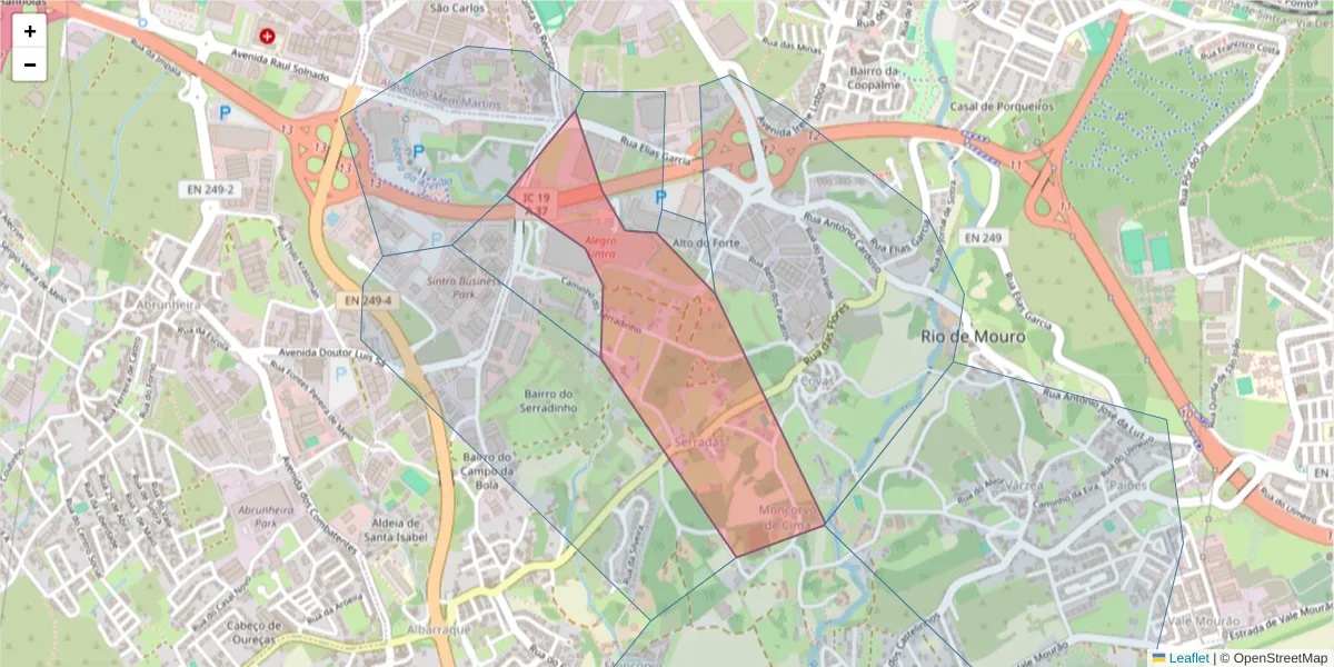 Mapa detalhado do código postal 2635-018 com limites, códigos postais vizinhos e agências dos correios