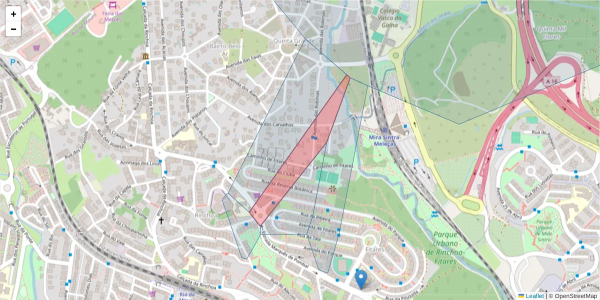 Mapa detalhado do código postal 2635-102 com limites, códigos postais vizinhos e agências dos correios