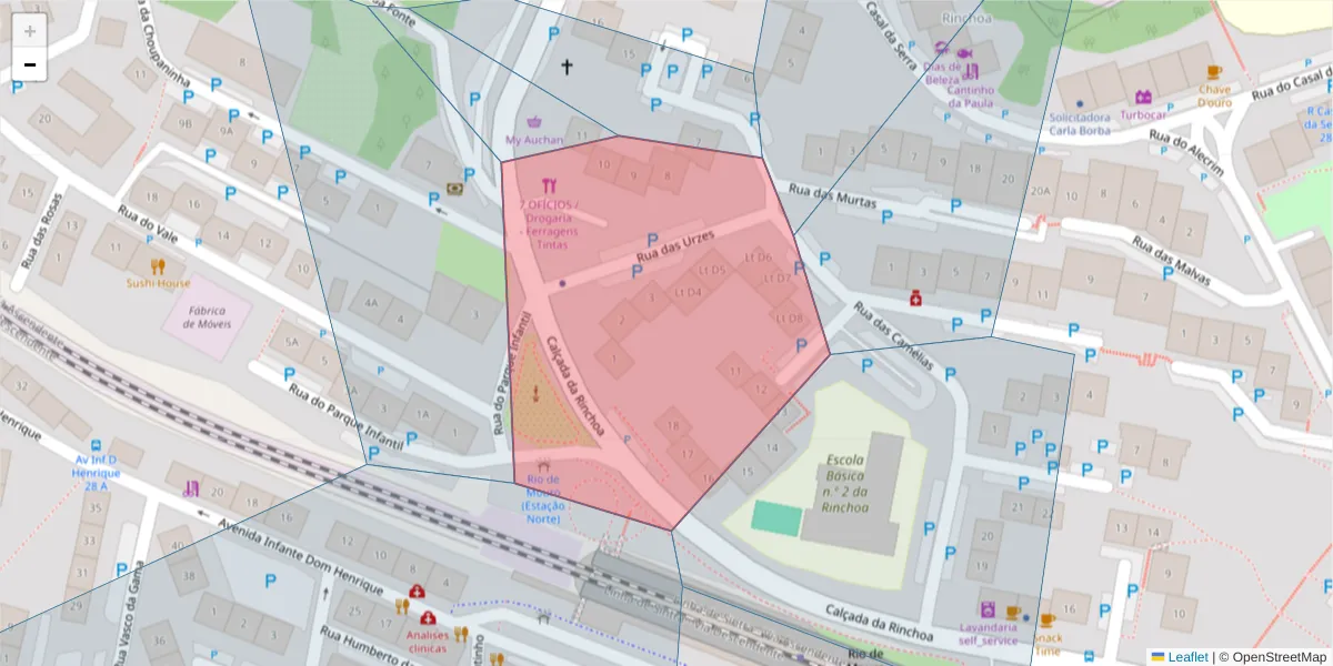 Mapa detalhado do código postal 2635-104 com limites, códigos postais vizinhos e agências dos correios