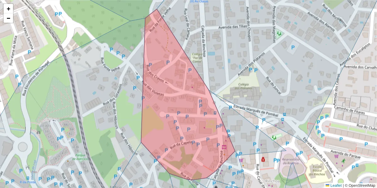 Mapa detalhado do código postal 2635-311 com limites, códigos postais vizinhos e agências dos correios