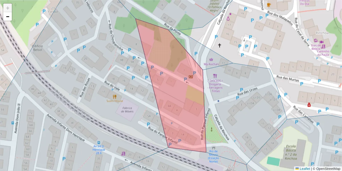Mapa detalhado do código postal 2635-326 com limites, códigos postais vizinhos e agências dos correios