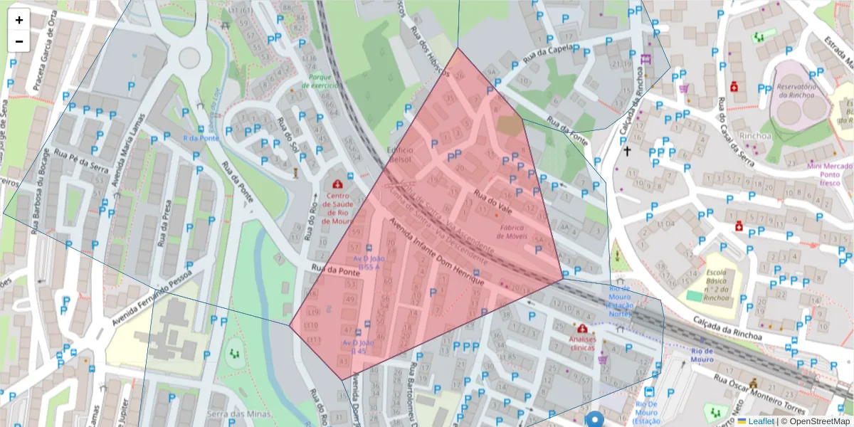 Mapa detalhado do código postal 2635-342 com limites, códigos postais vizinhos e agências dos correios