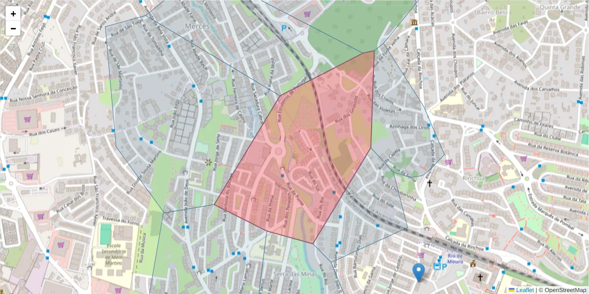 Mapa detalhado do código postal 2635-366 com limites, códigos postais vizinhos e agências dos correios