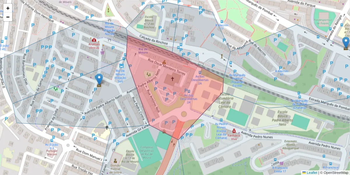 Mapa detalhado do código postal 2635-385 com limites, códigos postais vizinhos e agências dos correios