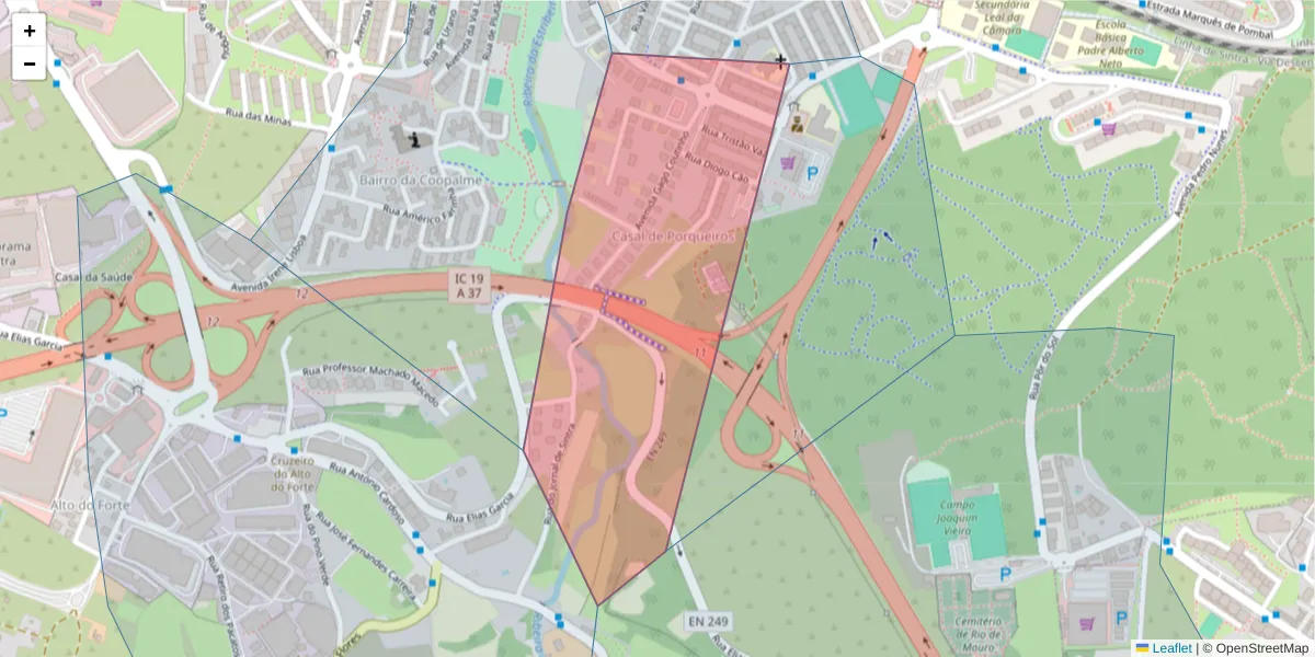 Mapa detalhado do código postal 2635-399 com limites, códigos postais vizinhos e agências dos correios