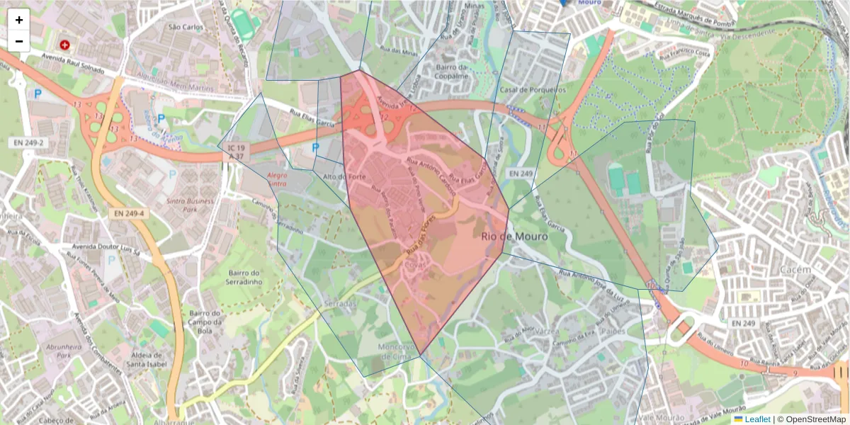 Mapa detalhado do código postal 2635-416 com limites, códigos postais vizinhos e agências dos correios